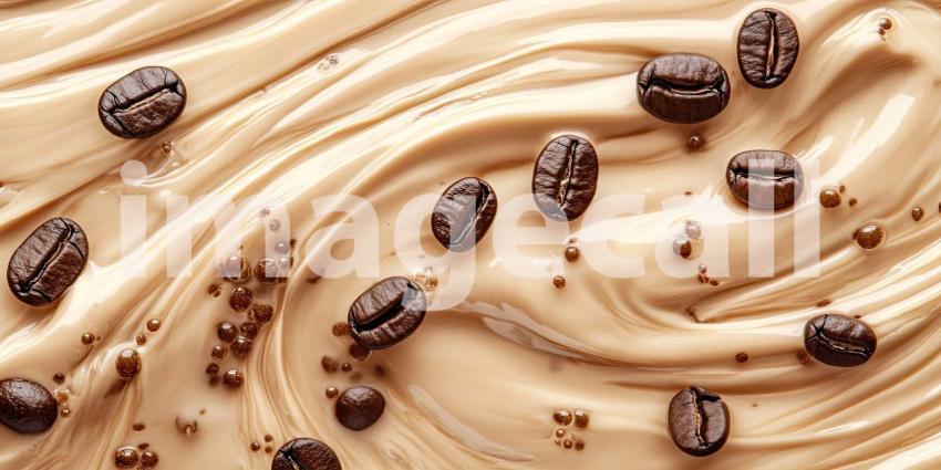 Coffee Beans Swirl in Creamy Frothy Liquid Background, Rich Espresso Mixing with Creamy Foam, Creating a Smooth and Inviting Coffee Texture