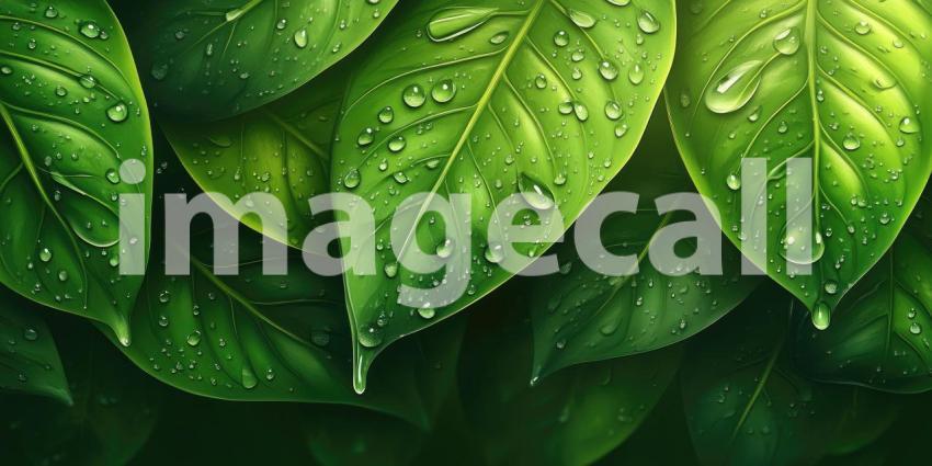 Close-up of a green leaf with water droplets background, the leaf's vibrant green color enhanced by the glistening droplets of water, capturing the natural beauty and freshness of the plant.