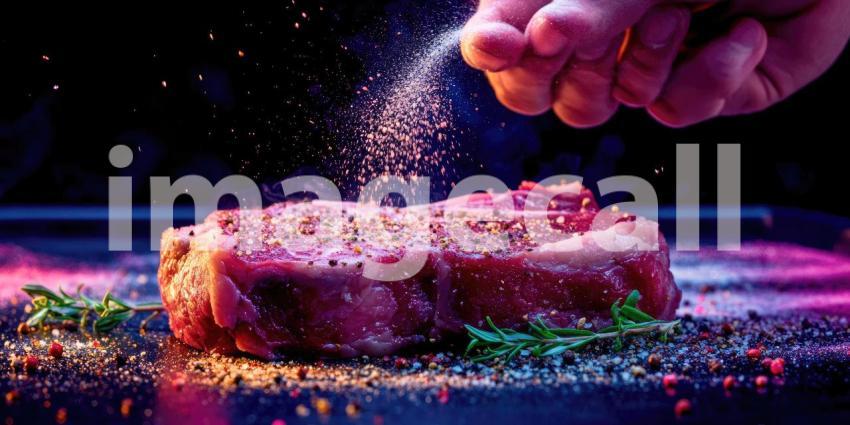 Chef's hand sprinkles seasoning on raw steak background, the hand carefully adding a touch of salt and pepper to the tender cut of meat, set on a wooden surface, ready for cooking in a professional kitchen environment.