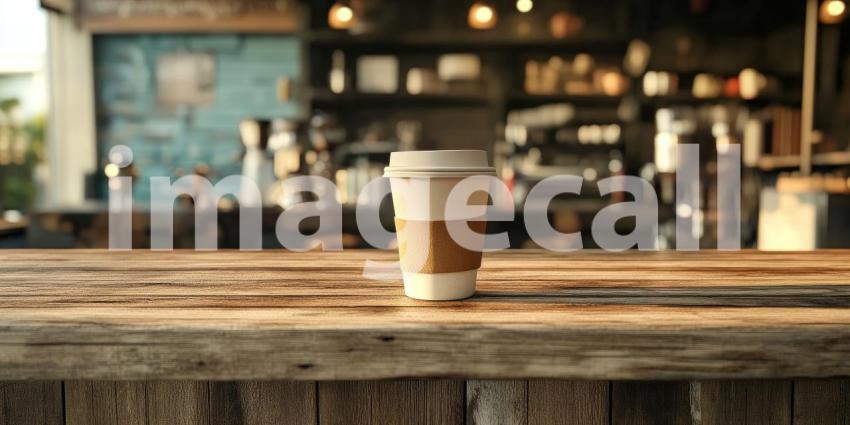 Coffee Sits on Wooden Counter at Streetside Background, A Warm Cup of Coffee Resting on a Rustic Wooden Counter with a Lively Streetside Setting Behind