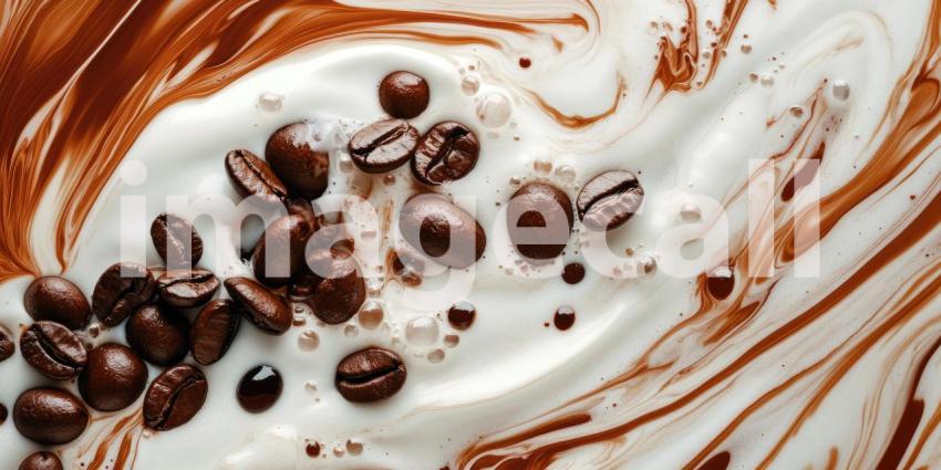 Coffee Beans Swirl in Creamy Frothy Liquid Background, Rich Espresso Mixing with Creamy Foam, Creating a Smooth and Inviting Coffee Texture