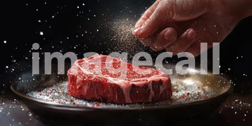 Chef's hand sprinkles seasoning on raw steak background, the hand carefully adding a touch of salt and pepper to the tender cut of meat, set on a wooden surface, ready for cooking in a professional kitchen environment.