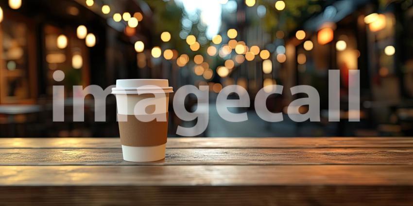 Coffee Sits on Wooden Counter at Streetside Background, A Warm Cup of Coffee Resting on a Rustic Wooden Counter with a Lively Streetside Setting Behind