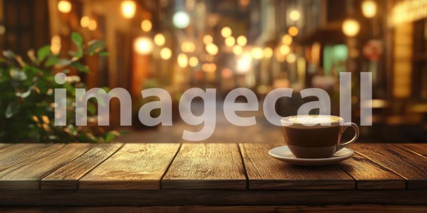 Coffee Sits on Wooden Counter at Streetside Background, A Warm Cup of Coffee Resting on a Rustic Wooden Counter with a Lively Streetside Setting Behind