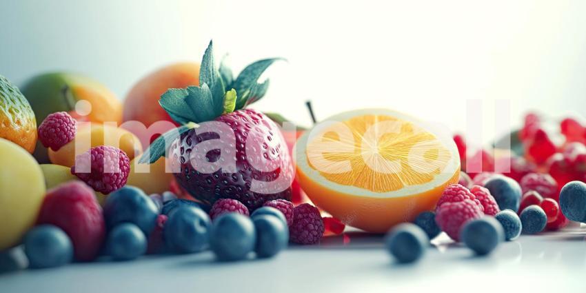 Colorful Arrangement of Fresh Fruits on White Background, Vibrant and Fresh Fruits Like Oranges, Apples, and Berries Artistically Arranged on a Clean White Surface