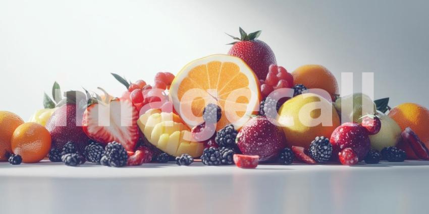 Colorful Arrangement of Fresh Fruits on White Background, Vibrant and Fresh Fruits Like Oranges, Apples, and Berries Artistically Arranged on a Clean White Surface