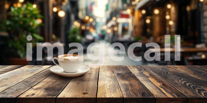 Coffee Sits on Wooden Counter at Streetside Background, A Warm Cup of Coffee Resting on a Rustic Wooden Counter with a Lively Streetside Setting Behind