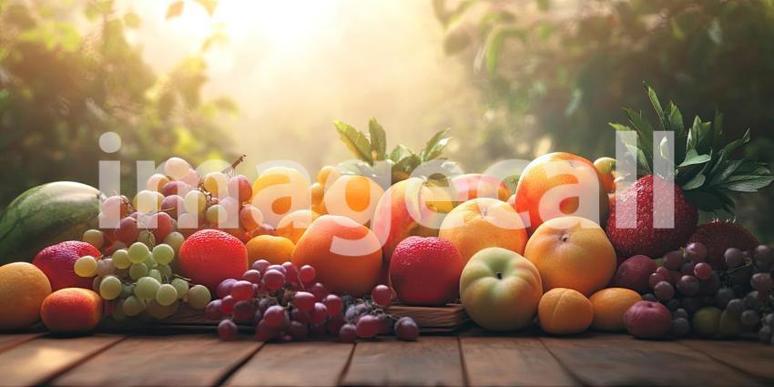 Colorful Arrangement of Fresh Fruits on White Background, Vibrant and Fresh Fruits Like Oranges, Apples, and Berries Artistically Arranged on a Clean White Surface