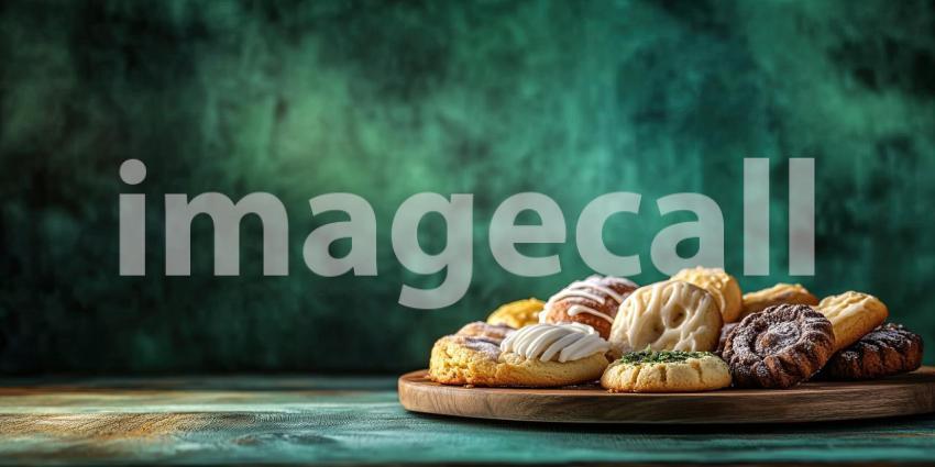 Colorful assortment of cookies on a platter with copyspace background, an inviting selection of cookies in various shapes and hues, arranged neatly on a plate, with ample space for text or personalization.