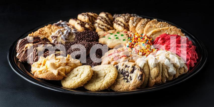 Colorful assortment of cookies on a platter with copyspace background, an inviting selection of cookies in various shapes and hues, arranged neatly on a plate, with ample space for text or personalization.