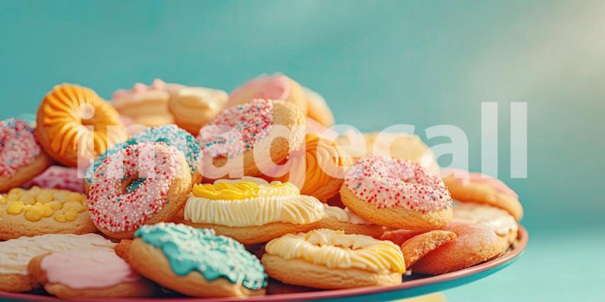 Colorful assortment of cookies on a platter with copyspace background, an inviting selection of cookies in various shapes and hues, arranged neatly on a plate, with ample space for text or personalization.