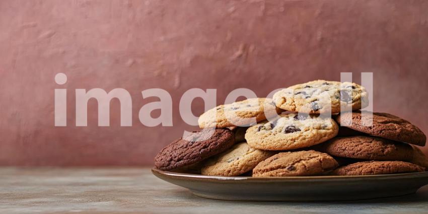 Colorful assortment of cookies on a platter with copyspace background, an inviting selection of cookies in various shapes and hues, arranged neatly on a plate, with ample space for text or personalization.