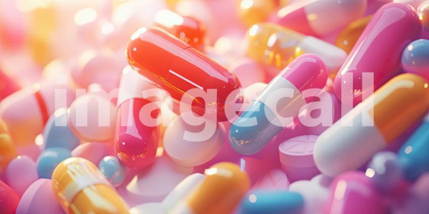 Colorful assortment of various pills and capsules background, a vibrant mix of shapes and sizes scattered across a smooth surface, showcasing a wide range of pharmaceutical colors and forms.