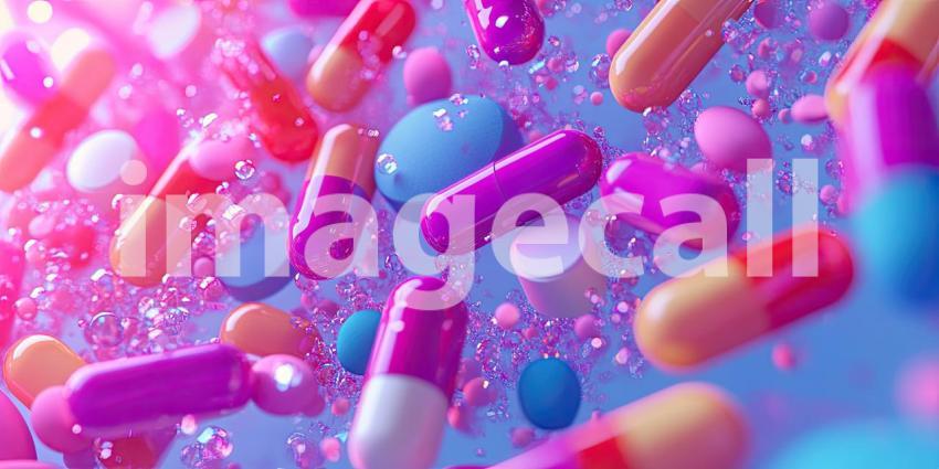 Colorful assortment of various pills and capsules background, a vibrant mix of shapes and sizes scattered across a smooth surface, showcasing a wide range of pharmaceutical colors and forms.