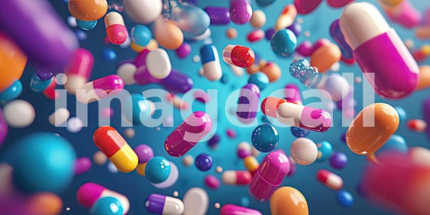Colorful assortment of various pills and capsules background, a vibrant mix of shapes and sizes scattered across a smooth surface, showcasing a wide range of pharmaceutical colors and forms.