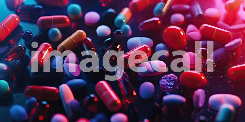 Colorful assortment of various pills and capsules background, a vibrant mix of shapes and sizes scattered across a smooth surface, showcasing a wide range of pharmaceutical colors and forms.