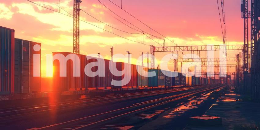 Colorful cargo containers on a train during sunset, with the warm hues of the setting sun casting a golden glow over the containers, symbolizing the movement of goods and global trade in a dynamic logistics scene.