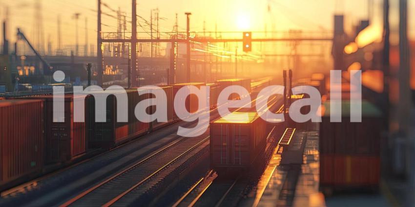Colorful cargo containers on a train during sunset, with the warm hues of the setting sun casting a golden glow over the containers, symbolizing the movement of goods and global trade in a dynamic logistics scene.