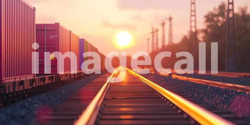 Colorful cargo containers on a train during sunset, with the warm hues of the setting sun casting a golden glow over the containers, symbolizing the movement of goods and global trade in a dynamic logistics scene.