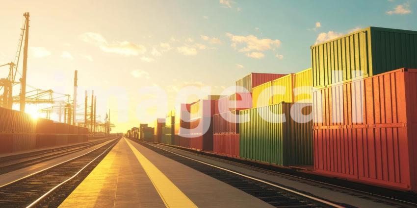 Colorful cargo containers on a train during sunset, with the warm hues of the setting sun casting a golden glow over the containers, symbolizing the movement of goods and global trade in a dynamic logistics scene.