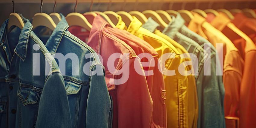 Colorful denim jackets hanging on a rack in a clothing store background, a stylish display featuring jackets in various vibrant shades, neatly arranged under warm lighting, creating a trendy and inviting shopping ambiance.