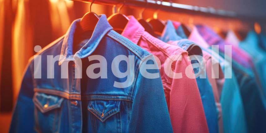 Colorful denim jackets hanging on a rack in a clothing store background, a stylish display featuring jackets in various vibrant shades, neatly arranged under warm lighting, creating a trendy and inviting shopping ambiance.