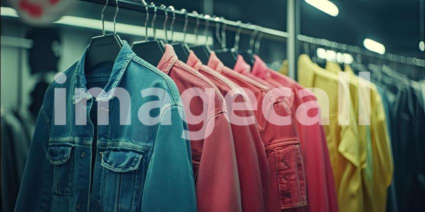 Colorful denim jackets hanging on a rack in a clothing store background, a stylish display featuring jackets in various vibrant shades, neatly arranged under warm lighting, creating a trendy and inviting shopping ambiance.