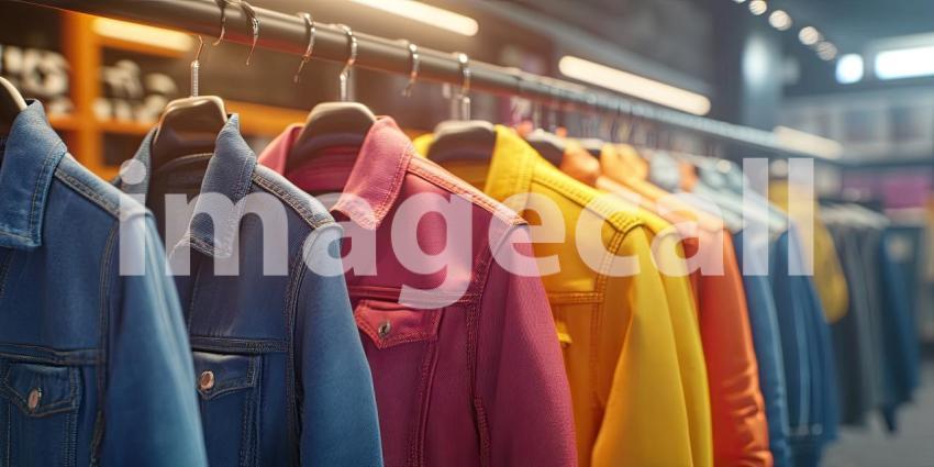 Colorful denim jackets hanging on a rack in a clothing store background, a stylish display featuring jackets in various vibrant shades, neatly arranged under warm lighting, creating a trendy and inviting shopping ambiance.