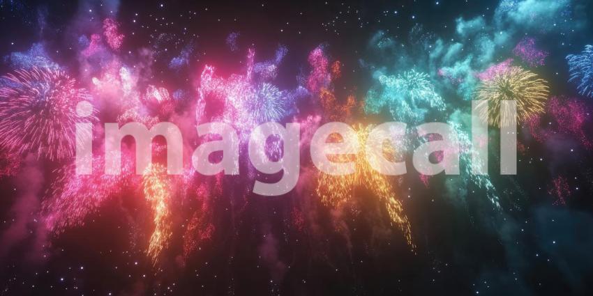 Colorful fireworks display lighting up the night sky background, vibrant bursts of red, blue, and gold illuminating the dark sky in a dazzling, festive spectacle.