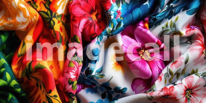 Colorful floral patterned fabrics textile clothes background, a rich assortment of vibrant fabrics adorned with intricate floral designs, creating a lively and artistic scene full of texture and color.