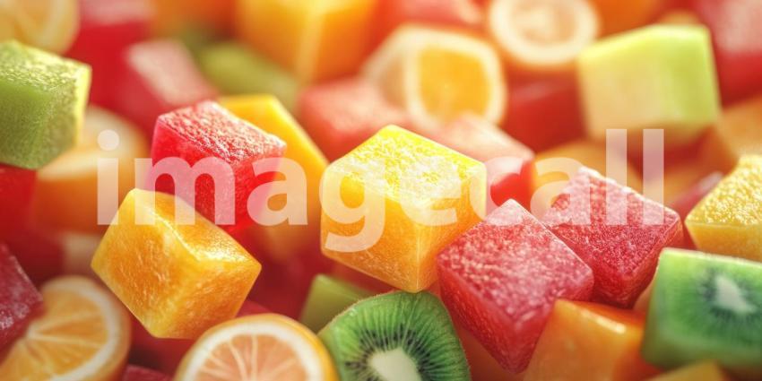 Colorful fruit cubes and slices background, a vibrant mix of fresh fruits like watermelon, kiwi, orange, and pineapple, cut into neat cubes and slices, creating a refreshing and appetizing visual.