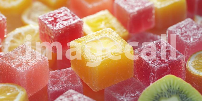 Colorful fruit cubes and slices background, a vibrant mix of fresh fruits like watermelon, kiwi, orange, and pineapple, cut into neat cubes and slices, creating a refreshing and appetizing visual.