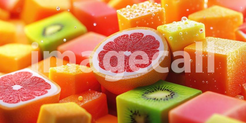 Colorful fruit cubes and slices background, a vibrant mix of fresh fruits like watermelon, kiwi, orange, and pineapple, cut into neat cubes and slices, creating a refreshing and appetizing visual.