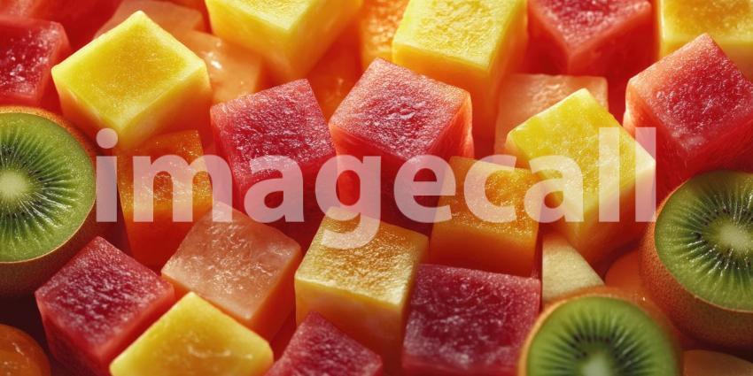 Colorful fruit cubes and slices background, a vibrant mix of fresh fruits like watermelon, kiwi, orange, and pineapple, cut into neat cubes and slices, creating a refreshing and appetizing visual.