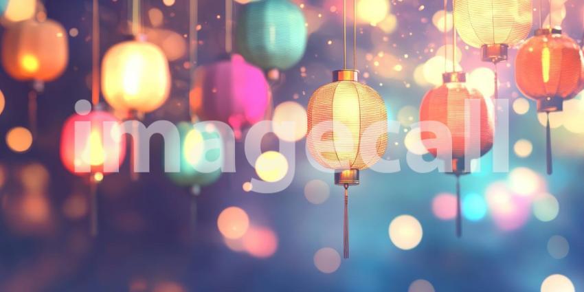 Colorful Lanterns Hang in Air Glowing Softly with Warm Bokeh Light Background, Vibrant Lanterns Casting a Gentle Glow Amidst a Dreamy, Bokeh-Filled Setting