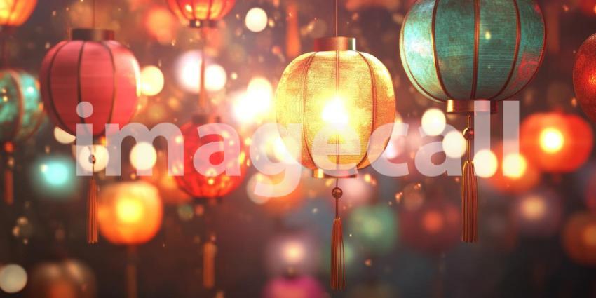 Colorful Lanterns Hang in Air Glowing Softly with Warm Bokeh Light Background, Vibrant Lanterns Casting a Gentle Glow Amidst a Dreamy, Bokeh-Filled Setting