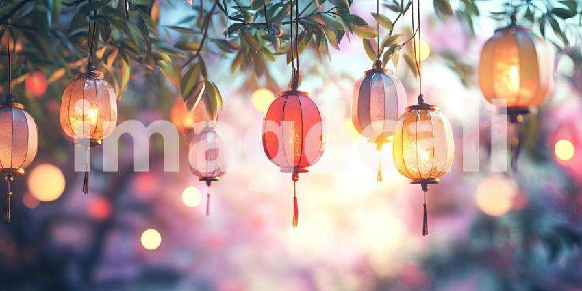 Colorful Lanterns Hang in Air Glowing Softly with Warm Bokeh Light Background, Vibrant Lanterns Casting a Gentle Glow Amidst a Dreamy, Bokeh-Filled Setting