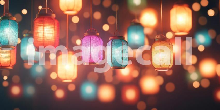 Colorful Lanterns Hang in Air Glowing Softly with Warm Bokeh Light Background, Vibrant Lanterns Casting a Gentle Glow Amidst a Dreamy, Bokeh-Filled Setting
