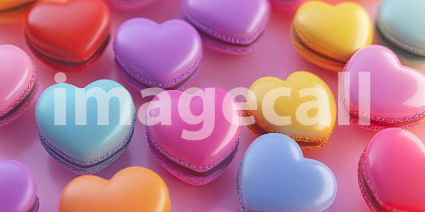 Colorful multiple heart-shaped macarons background, a delightful assortment of pastel-colored heart-shaped macarons arranged in a playful pattern, creating a sweet and charming atmosphere with soft, delicate textures.