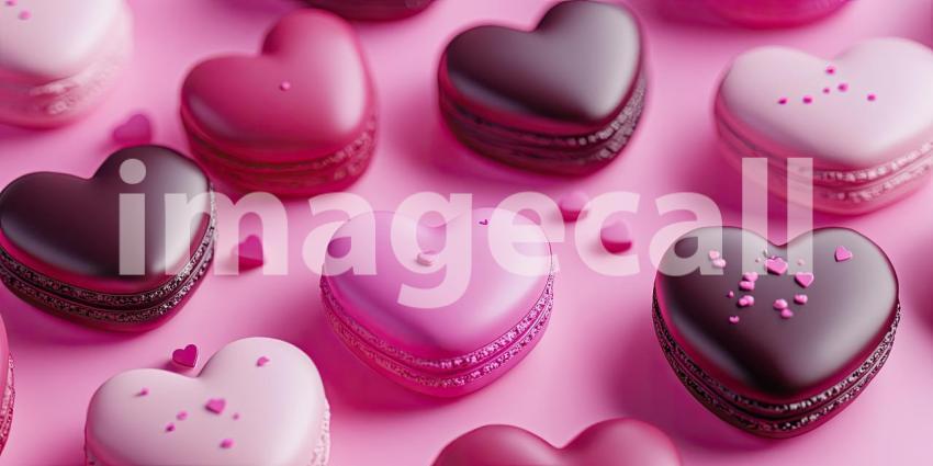 Colorful multiple heart-shaped macarons background, a delightful assortment of pastel-colored heart-shaped macarons arranged in a playful pattern, creating a sweet and charming atmosphere with soft, delicate textures.