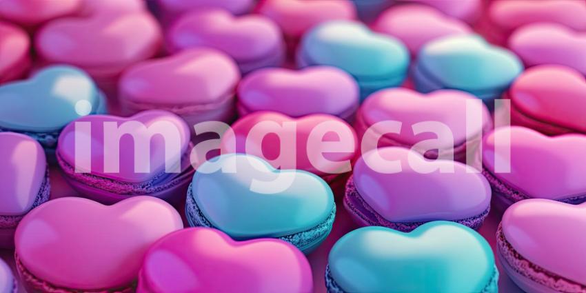 Colorful multiple heart-shaped macarons background, a delightful assortment of pastel-colored heart-shaped macarons arranged in a playful pattern, creating a sweet and charming atmosphere with soft, delicate textures.