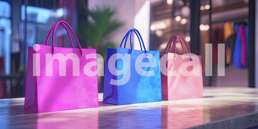 Colorful Shopping Bags on Counter Background, Bright and Vibrant Shopping Bags Arranged Neatly on a Clean Countertop