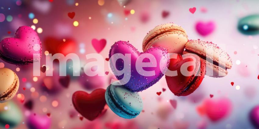 Colorful multiple heart-shaped macarons background, a delightful assortment of pastel-colored heart-shaped macarons arranged in a playful pattern, creating a sweet and charming atmosphere with soft, delicate textures.