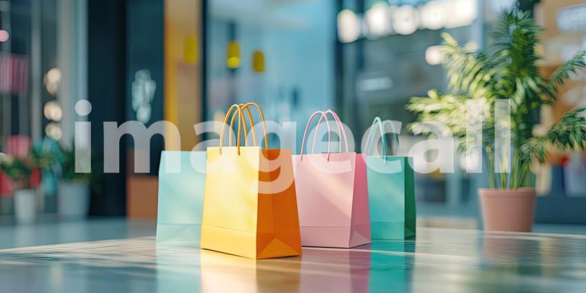 Colorful Shopping Bags on Counter Background, Bright and Vibrant Shopping Bags Arranged Neatly on a Clean Countertop