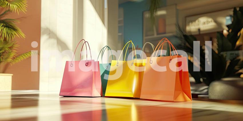 Colorful Shopping Bags on Counter Background, Bright and Vibrant Shopping Bags Arranged Neatly on a Clean Countertop