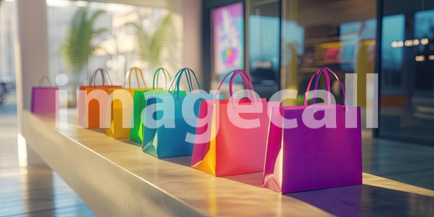 Colorful Shopping Bags on Counter Background, Bright and Vibrant Shopping Bags Arranged Neatly on a Clean Countertop