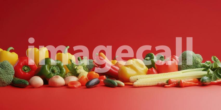 Colorful vegetables with copyspace on solid background, a vibrant mix of fresh vegetables like bell peppers, tomatoes, and carrots arranged neatly, with ample space for text or branding.