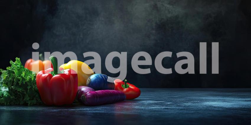 Colorful vegetables with copyspace on solid background, a vibrant mix of fresh vegetables like bell peppers, tomatoes, and carrots arranged neatly, with ample space for text or branding.