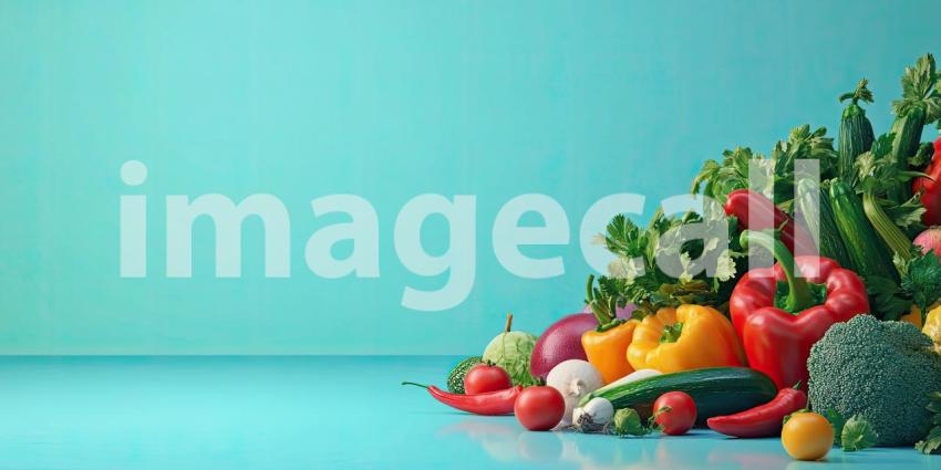 Colorful vegetables with copyspace on solid background, a vibrant mix of fresh vegetables like bell peppers, tomatoes, and carrots arranged neatly, with ample space for text or branding.