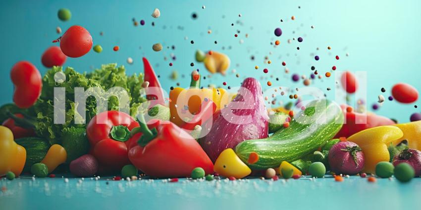 Colorful vegetables with copyspace on solid background, a vibrant mix of fresh vegetables like bell peppers, tomatoes, and carrots arranged neatly, with ample space for text or branding.
